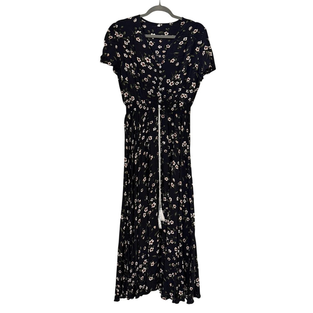 Navy Blue Floral Maxi Dress V-Neck Smocked Waist Dark Romantic Boho L